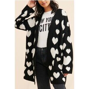 Maeve Anthropologie Halley Hearts Cardigan Black White Medium Large Cozy Sweater